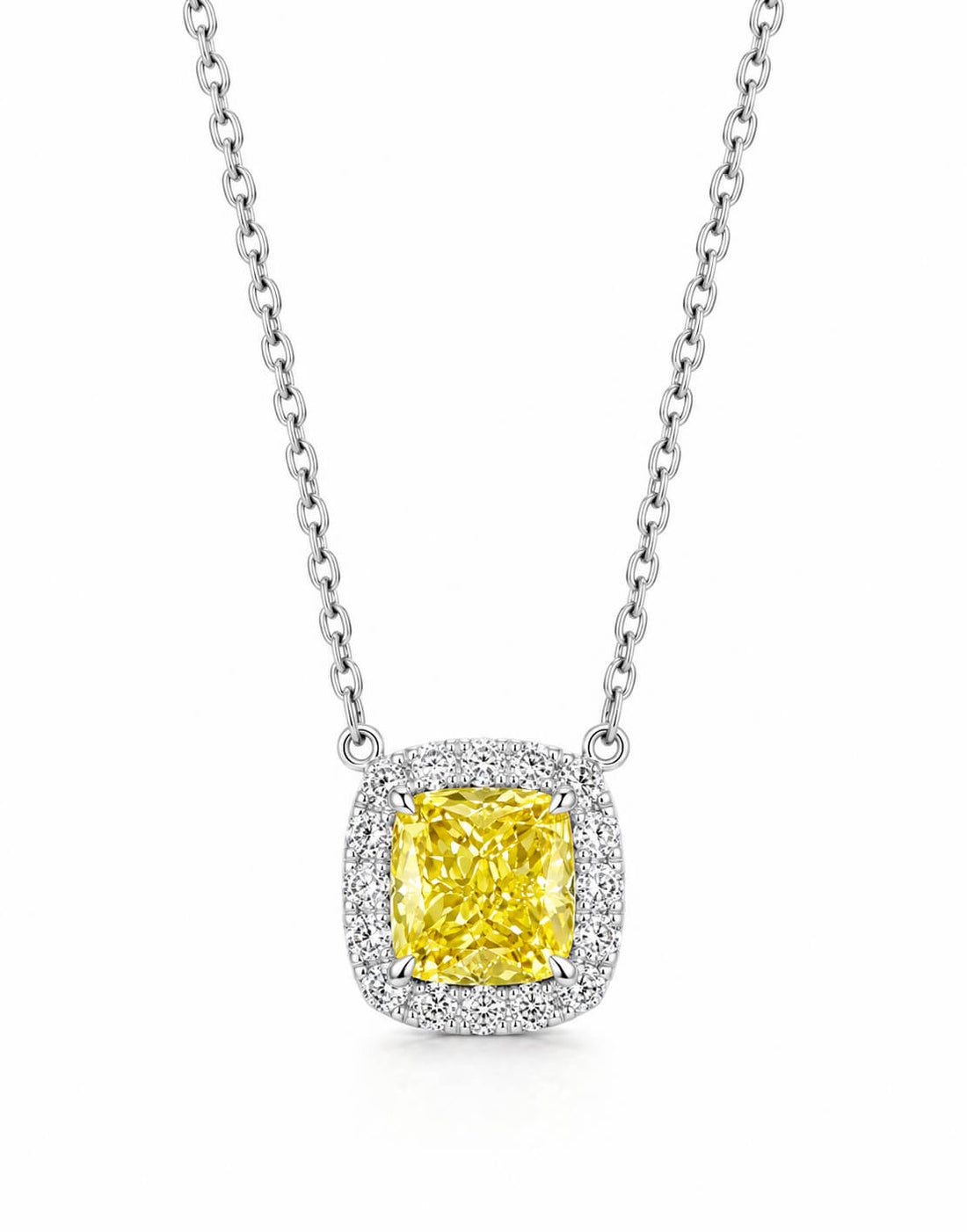 Halo setting cushion cut lab grown yellow diamond pendant necklace