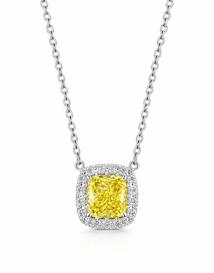 Halo setting cushion cut lab grown yellow diamond pendant necklace