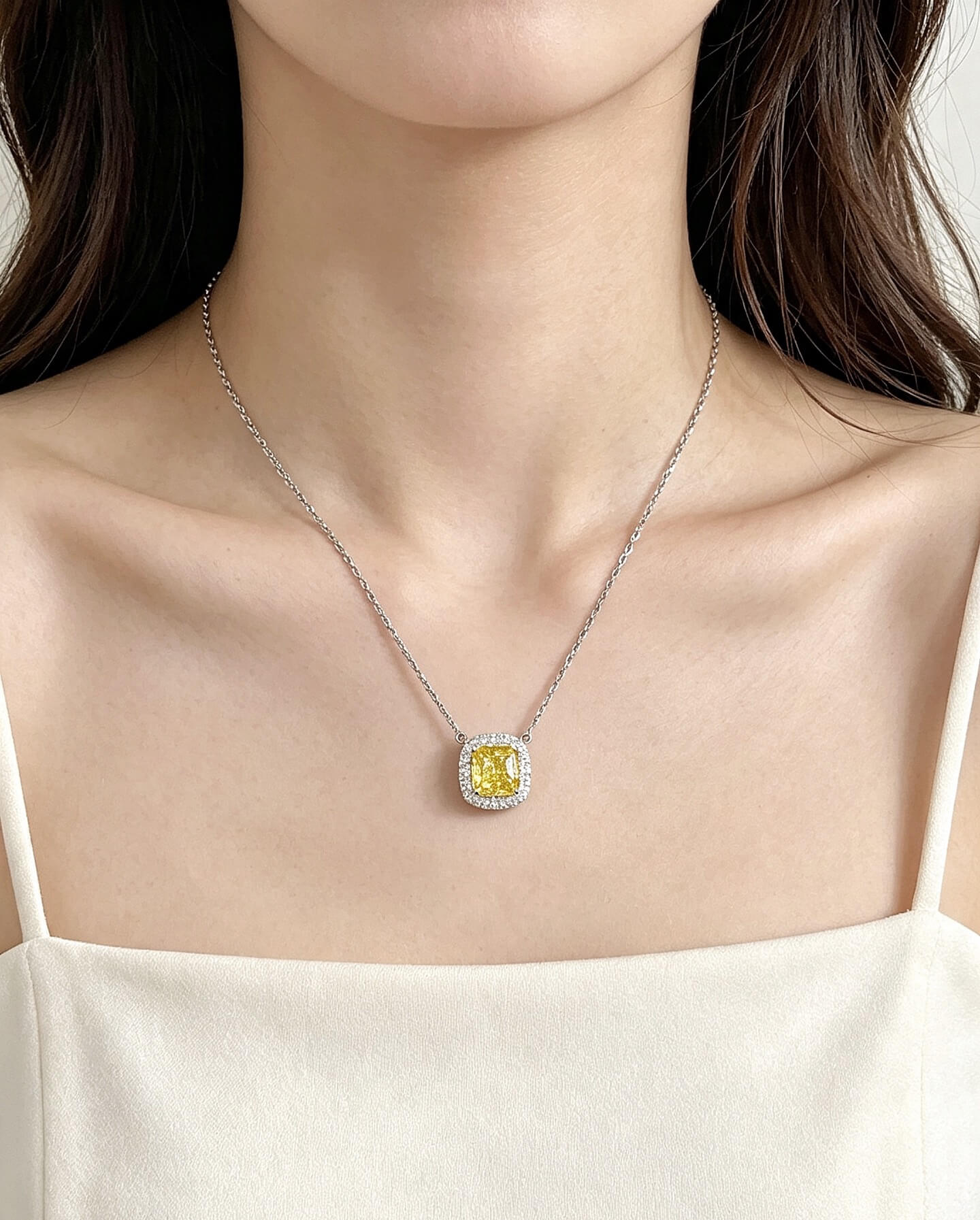 Halo setting cushion cut lab grown yellow diamond pendant necklace
