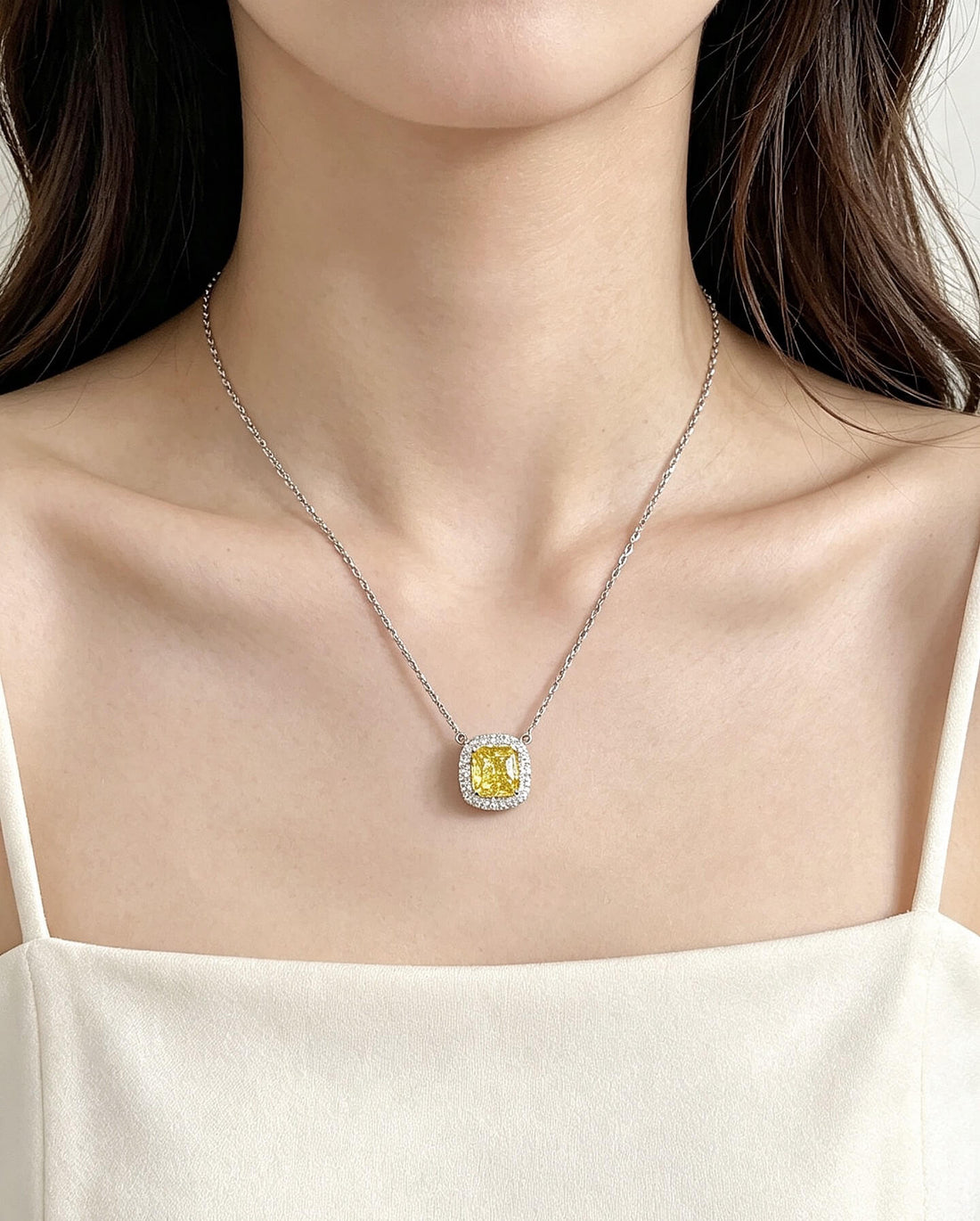Halo setting cushion cut lab grown yellow diamond pendant necklace