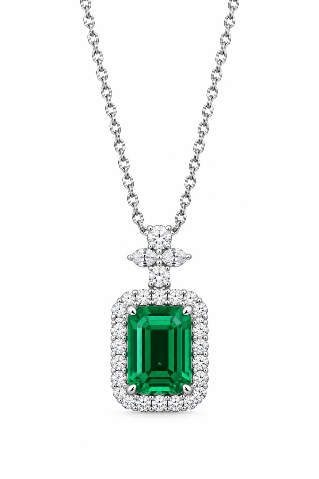 Halo setting emerald cut lab grown emerald pendant necklace
