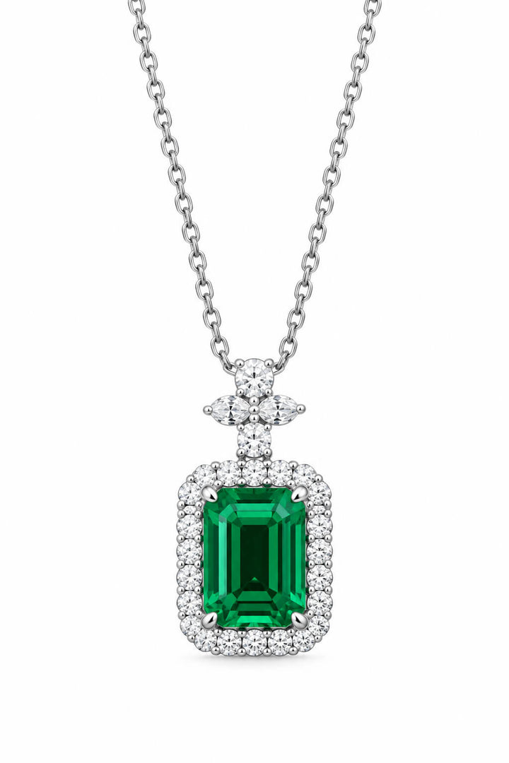 Halo setting emerald cut lab grown emerald pendant necklace