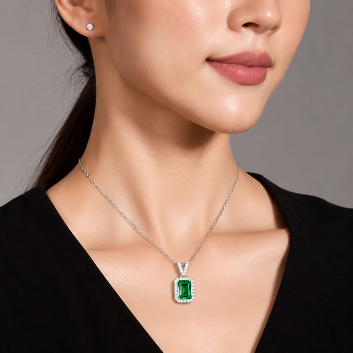 Halo setting emerald cut lab grown emerald pendant necklace