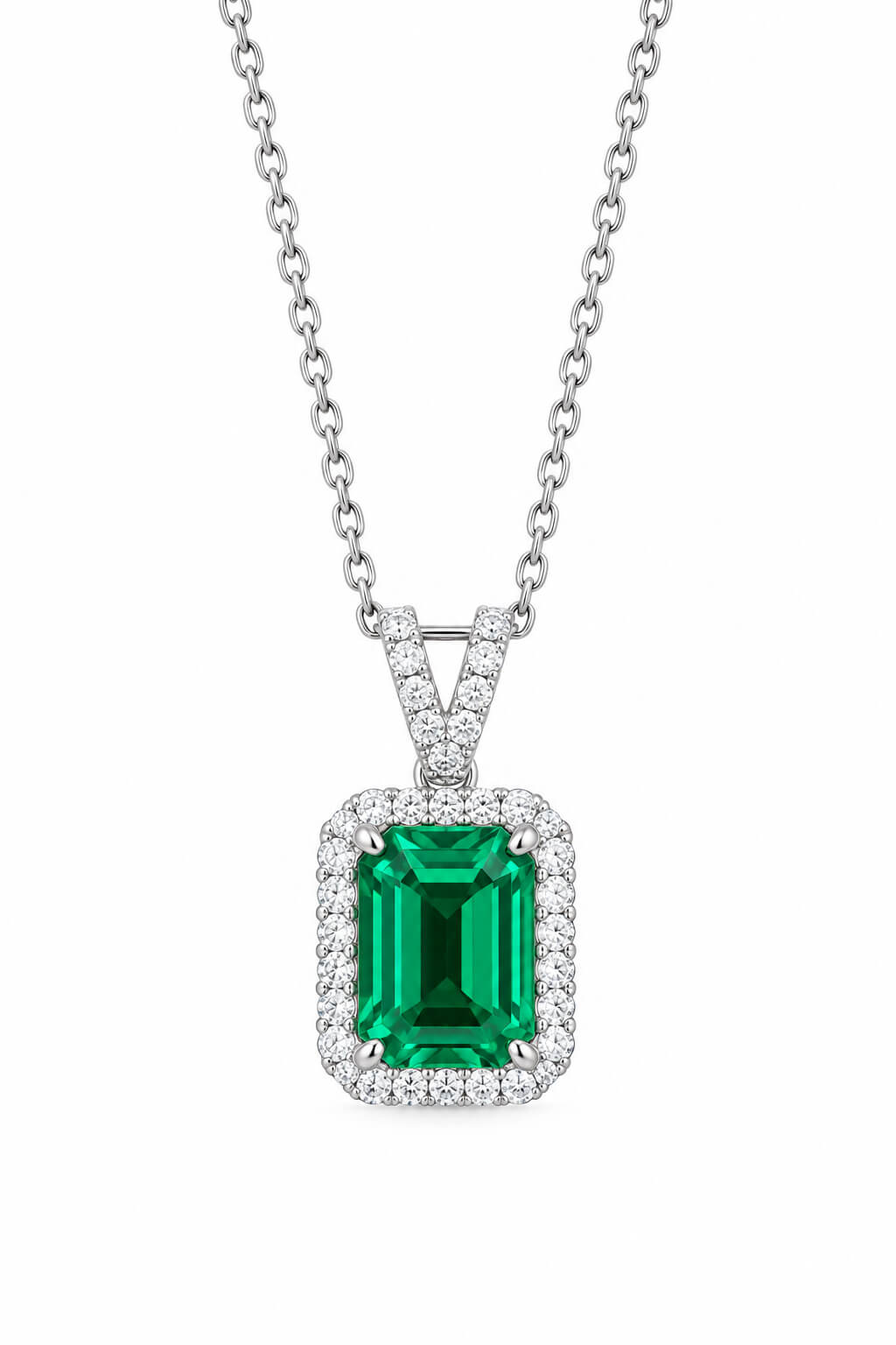 Halo setting emerald cut lab grown emerald pendant necklace