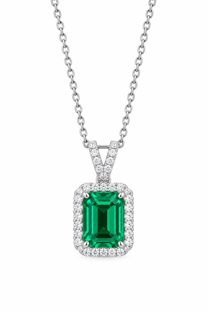 Halo setting emerald cut lab grown emerald pendant necklace