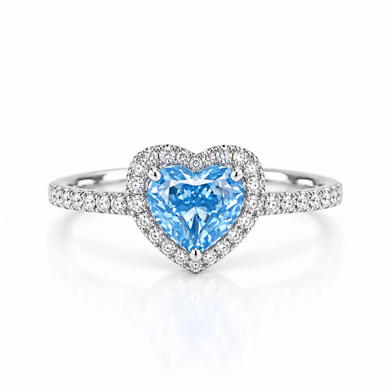 Halo setting heart cut lab grown blue diamond engagement ring