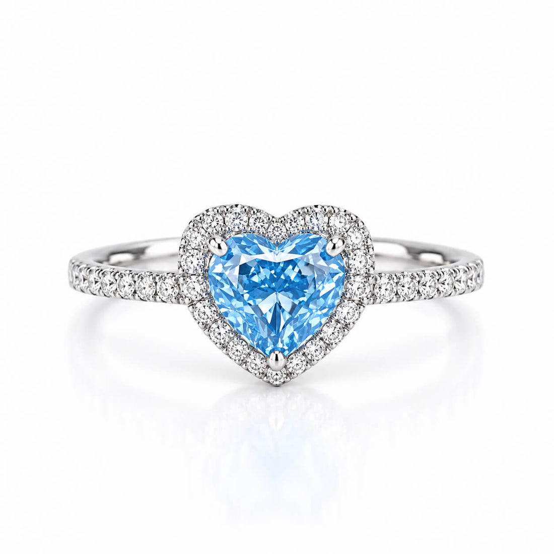 Halo setting heart cut lab grown blue diamond engagement ring