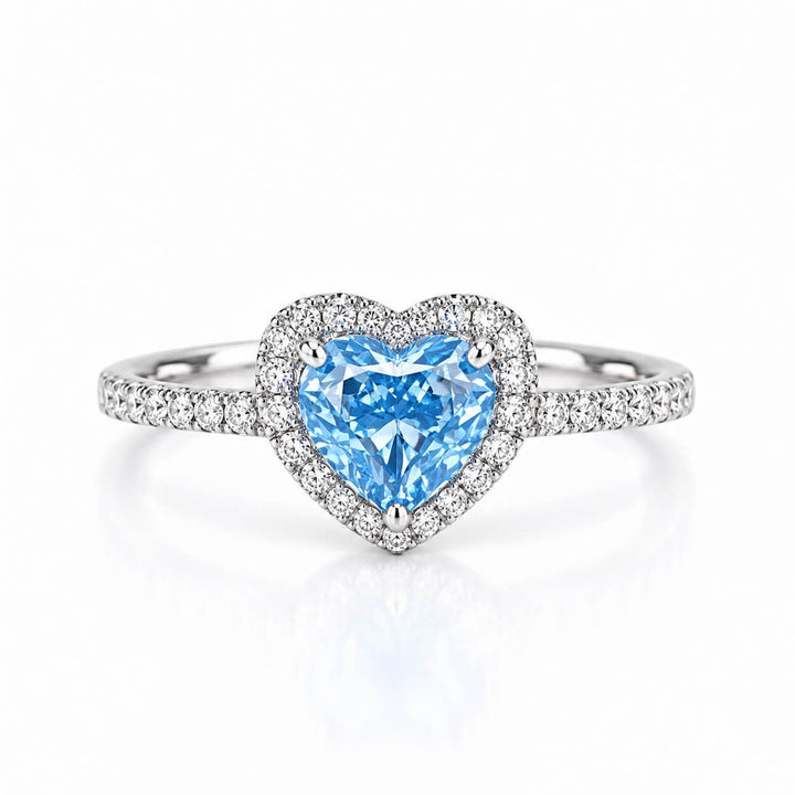 Halo setting heart cut lab grown blue diamond engagement ring