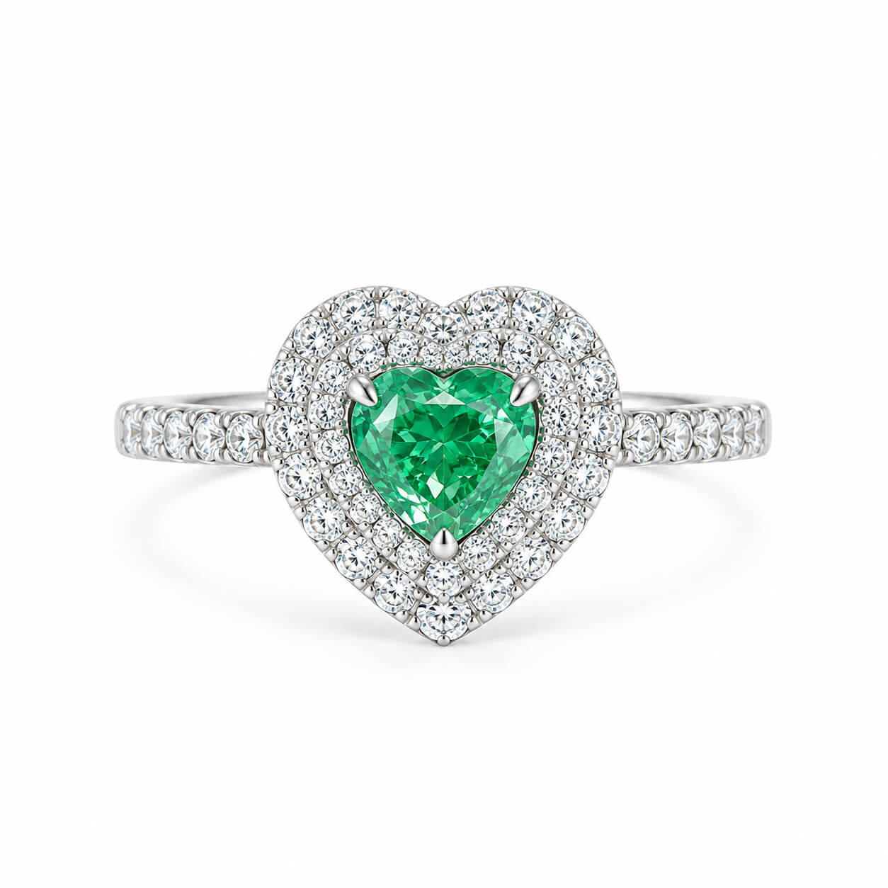 Halo setting heart cut lab grown green diamond engagement ring