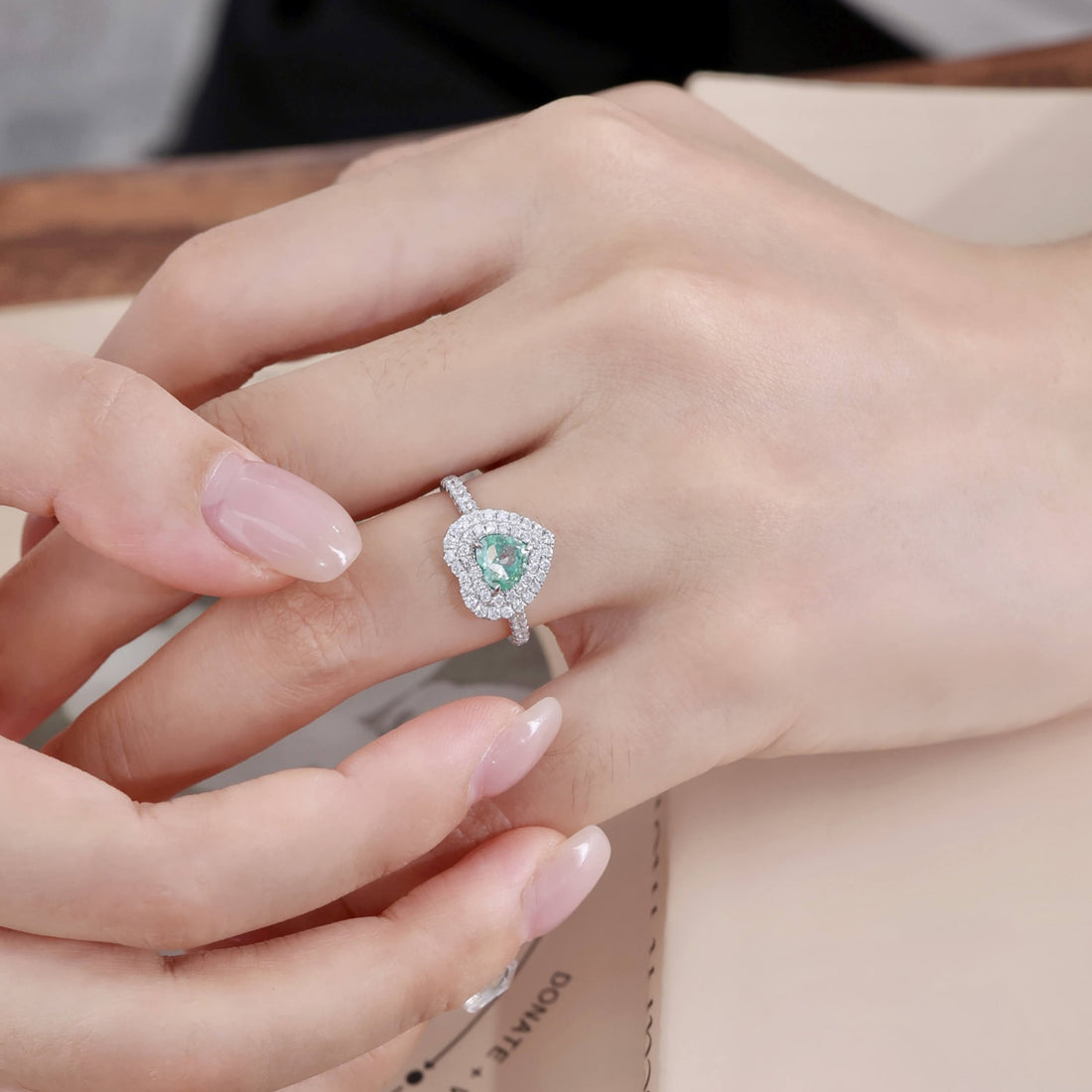 Halo setting heart cut lab grown green diamond engagement ring