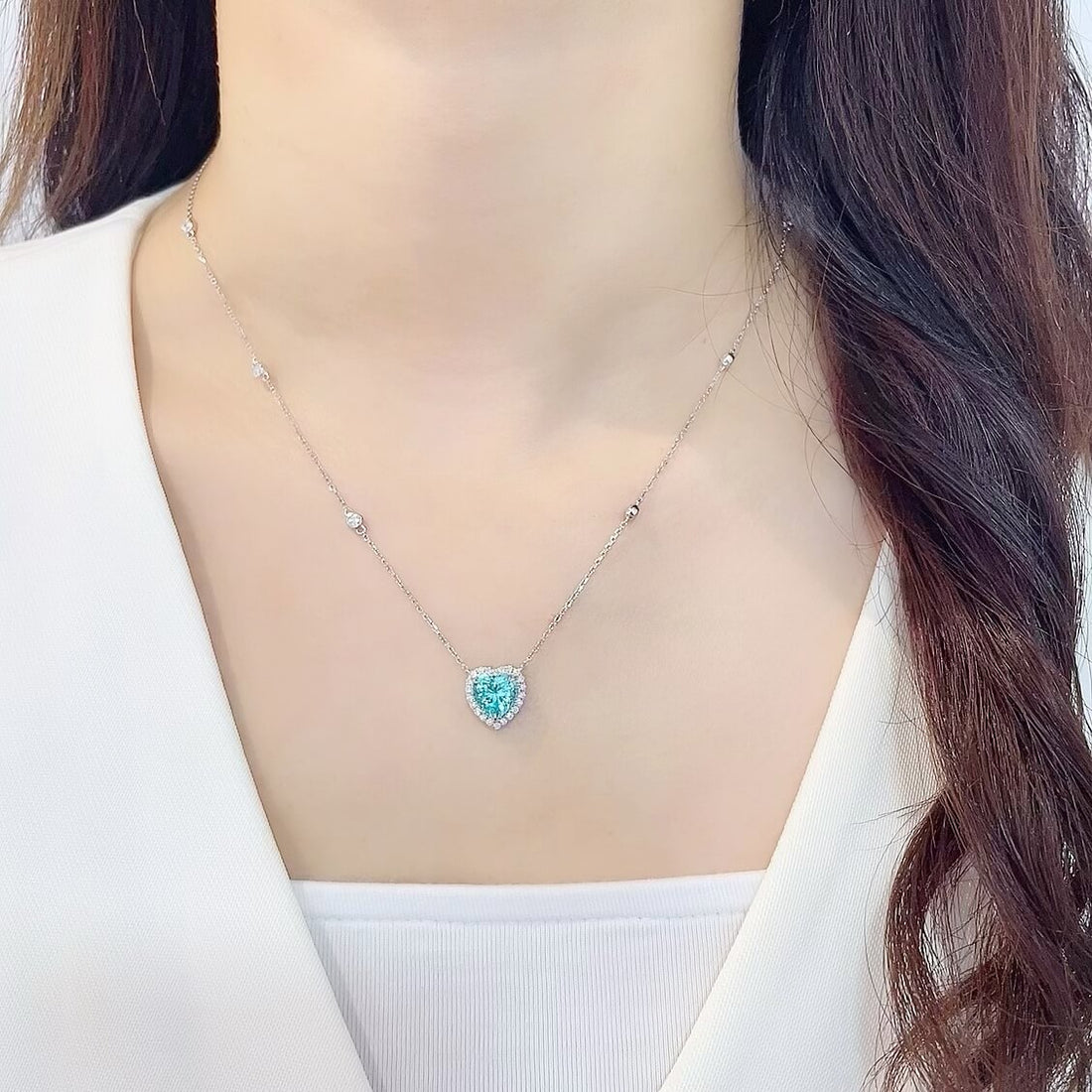 Halo setting heart cut lab grown paraiba pendant necklace