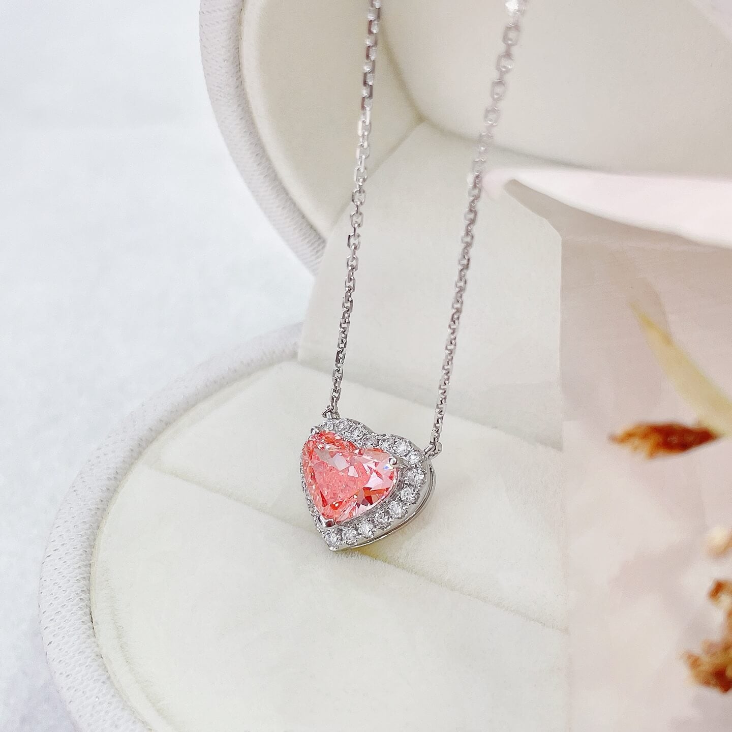 Halo setting heart cut lab grown pink diamond pendant necklace