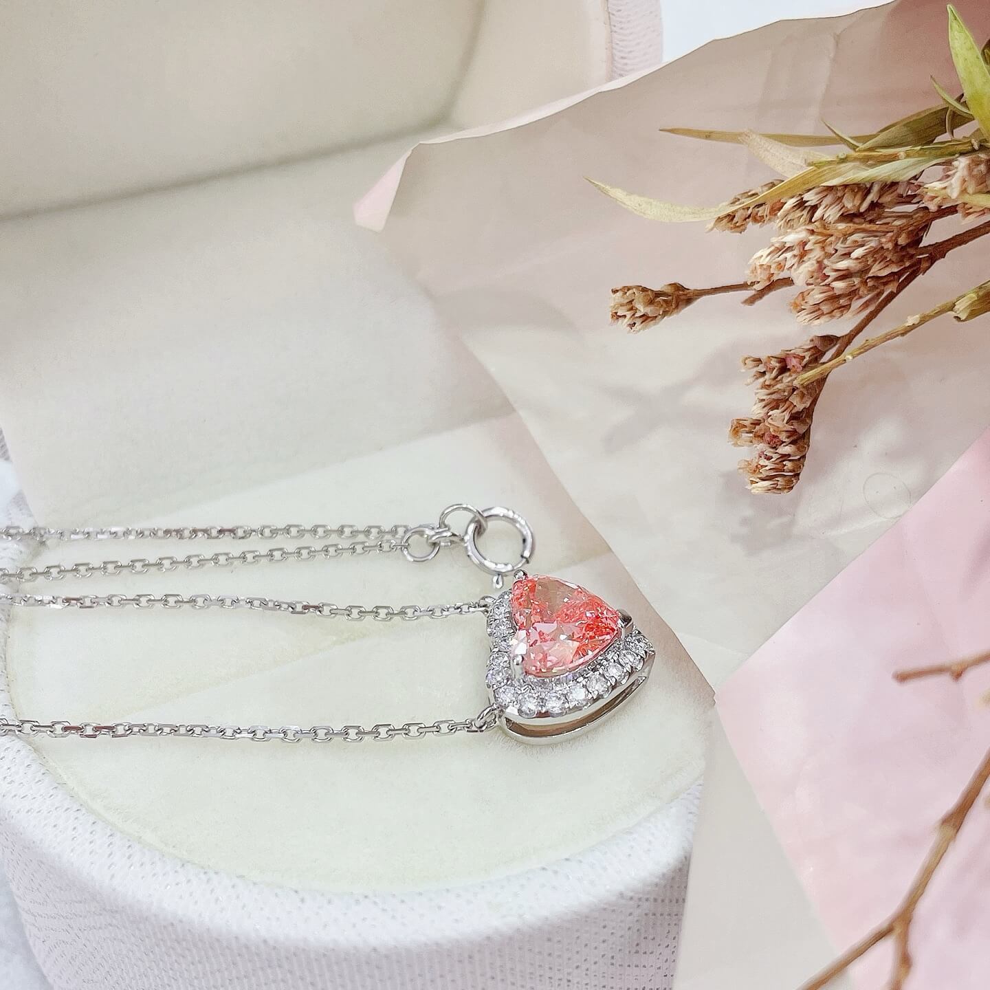 Halo setting heart cut lab grown pink diamond pendant necklace