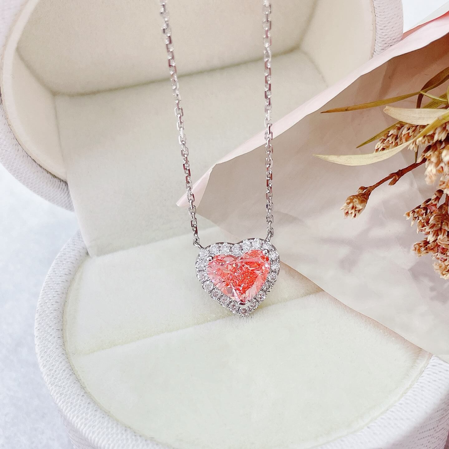 Halo setting heart cut lab grown pink diamond pendant necklace