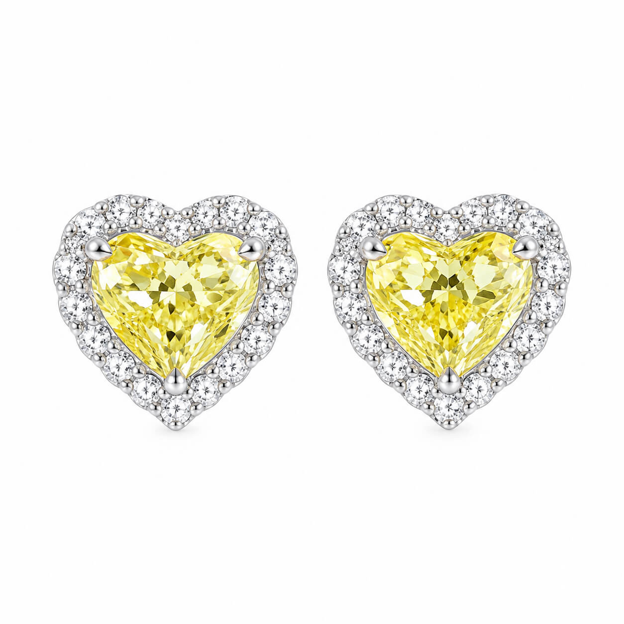 Halo setting heart cut lab grown yellow diamond earrings stud