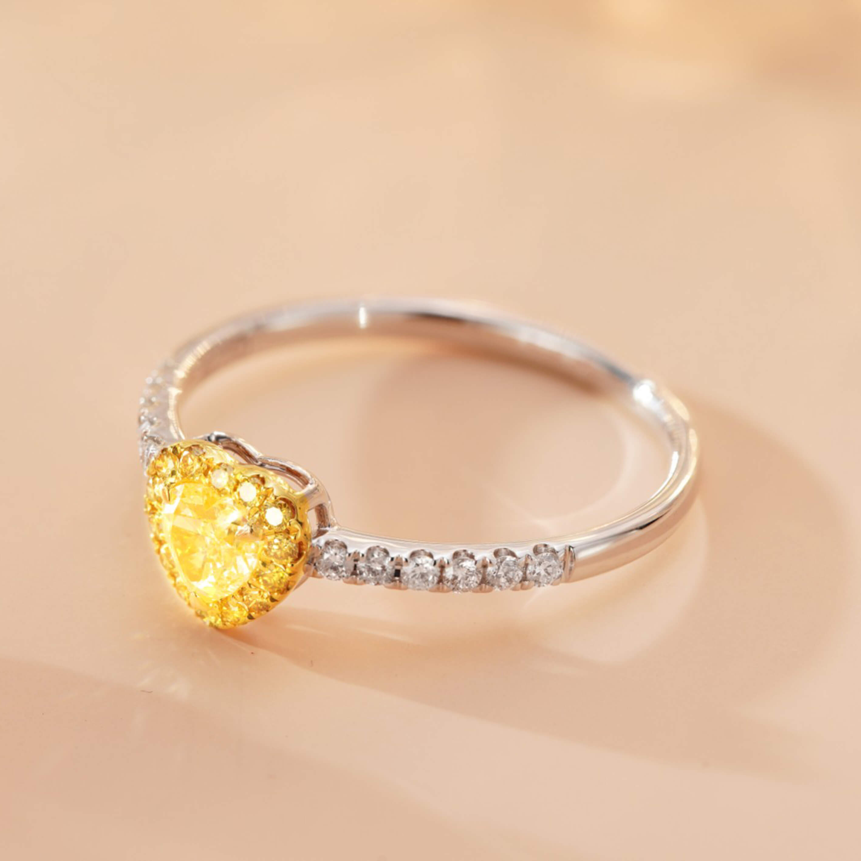 Halo setting heart cut lab grown yellow diamond engagement ring