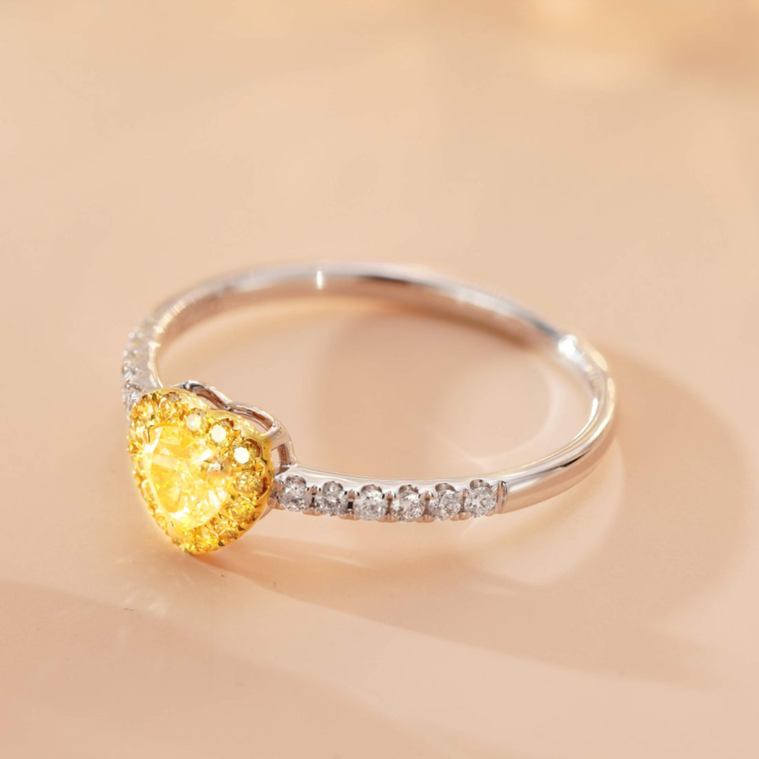 Halo setting heart cut lab grown yellow diamond engagement ring