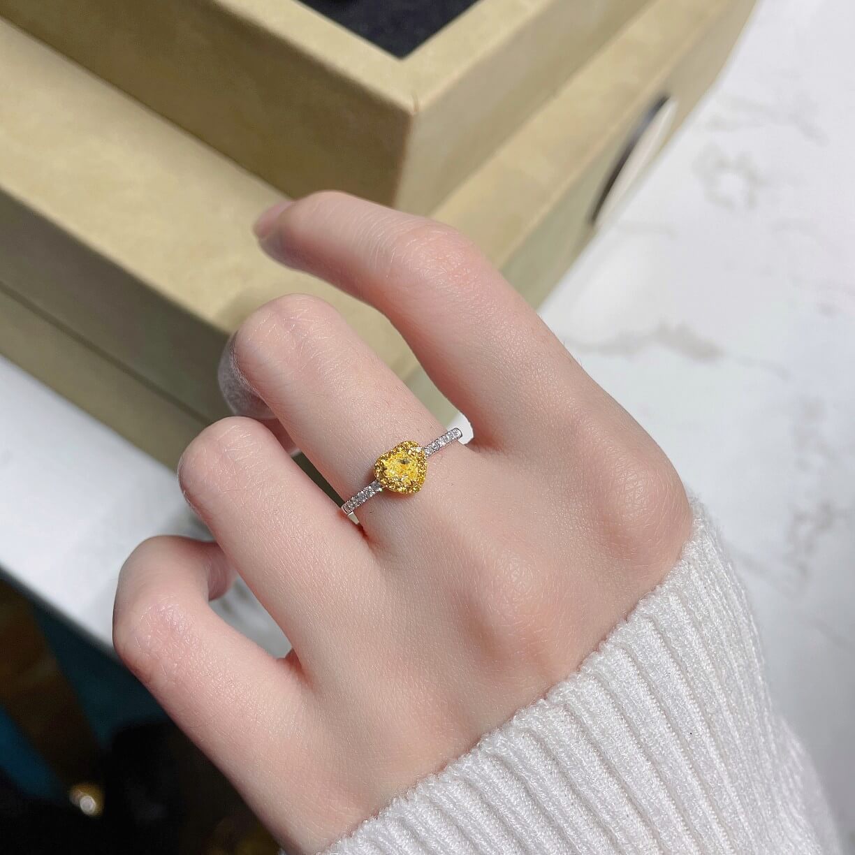 Halo setting heart cut lab grown yellow diamond engagement ring