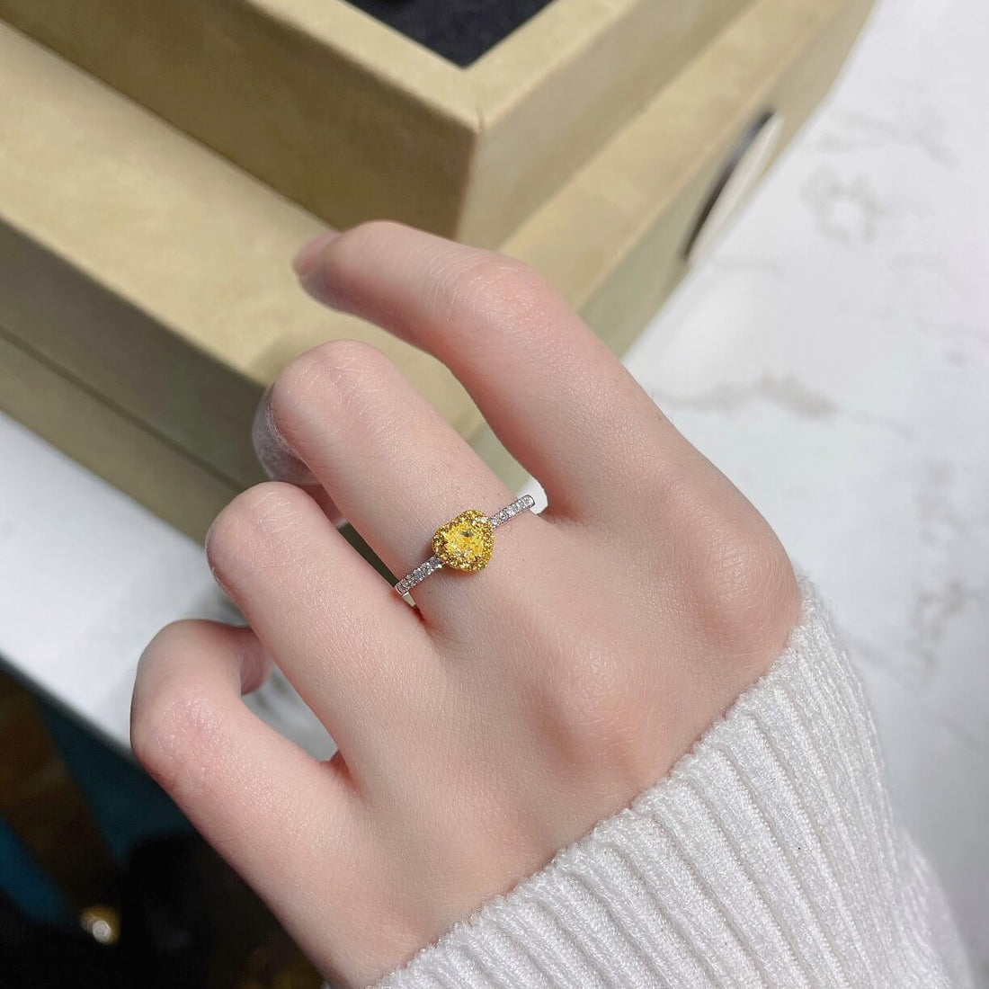 Halo setting heart cut lab grown yellow diamond engagement ring