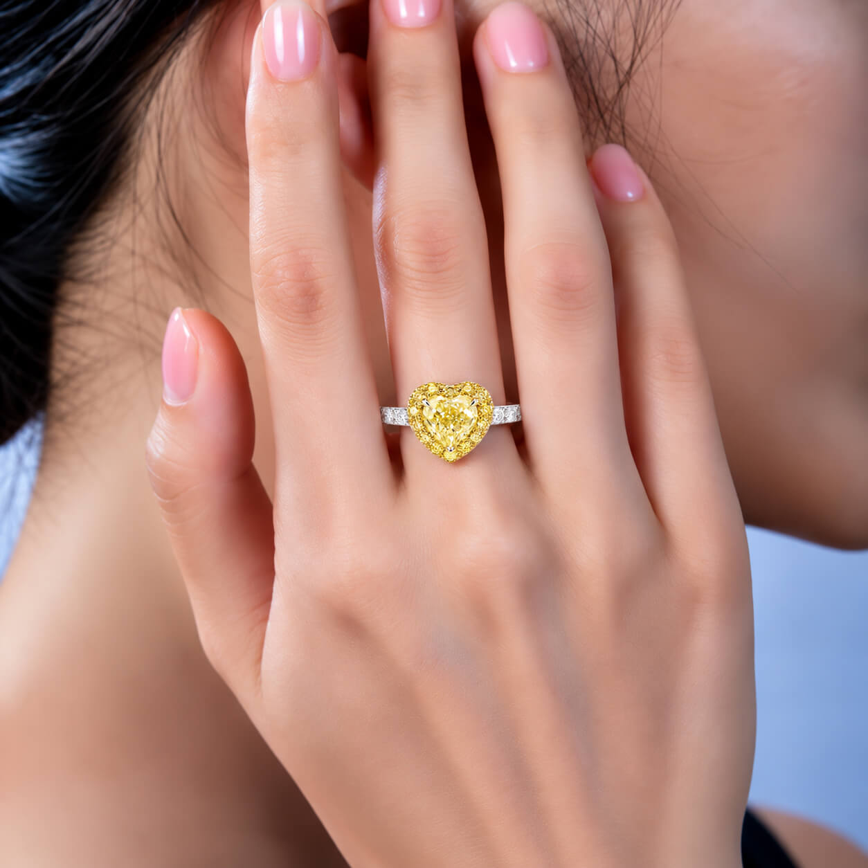 Halo setting heart cut lab grown yellow diamond engagement ring