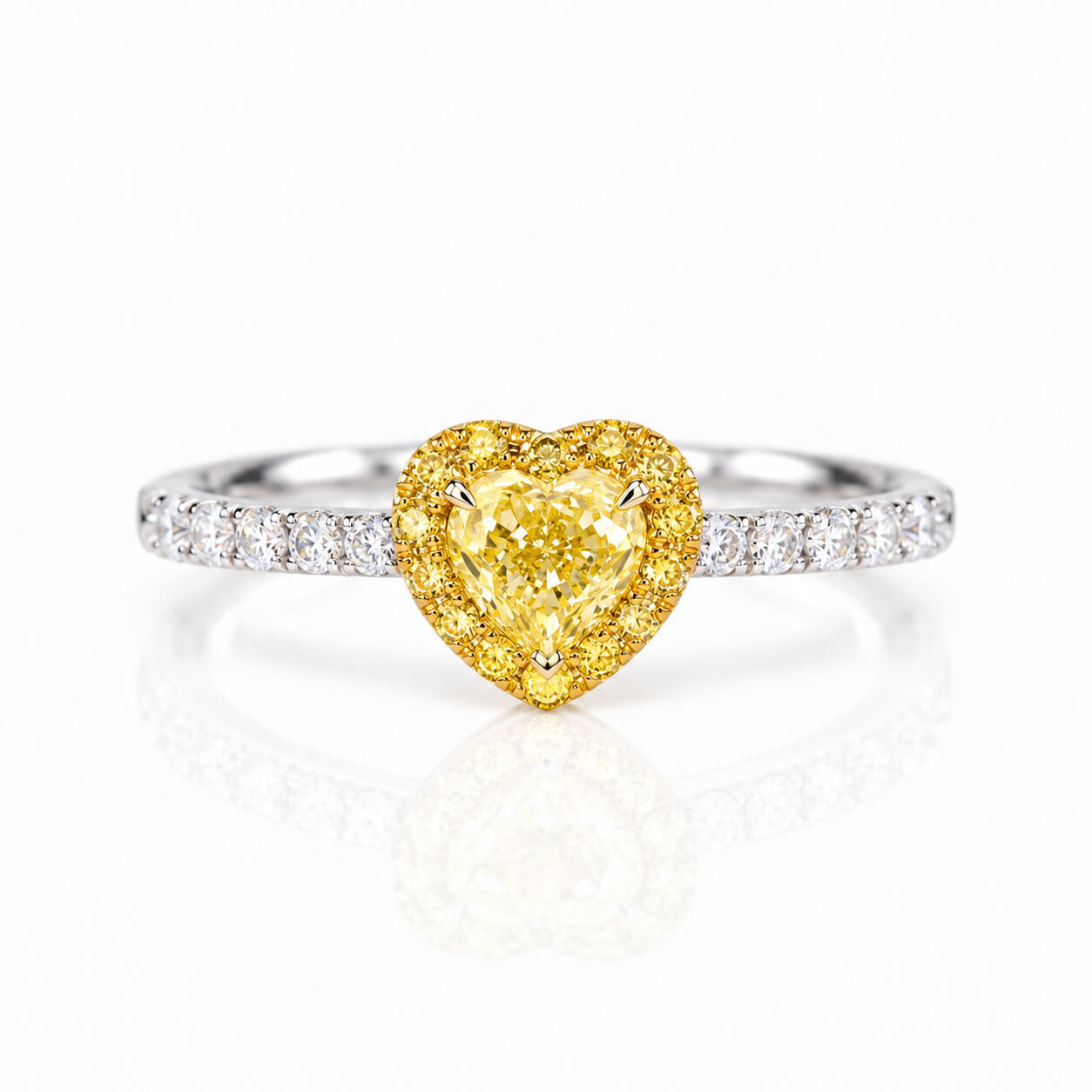 Halo setting heart cut lab grown yellow diamond engagement ring