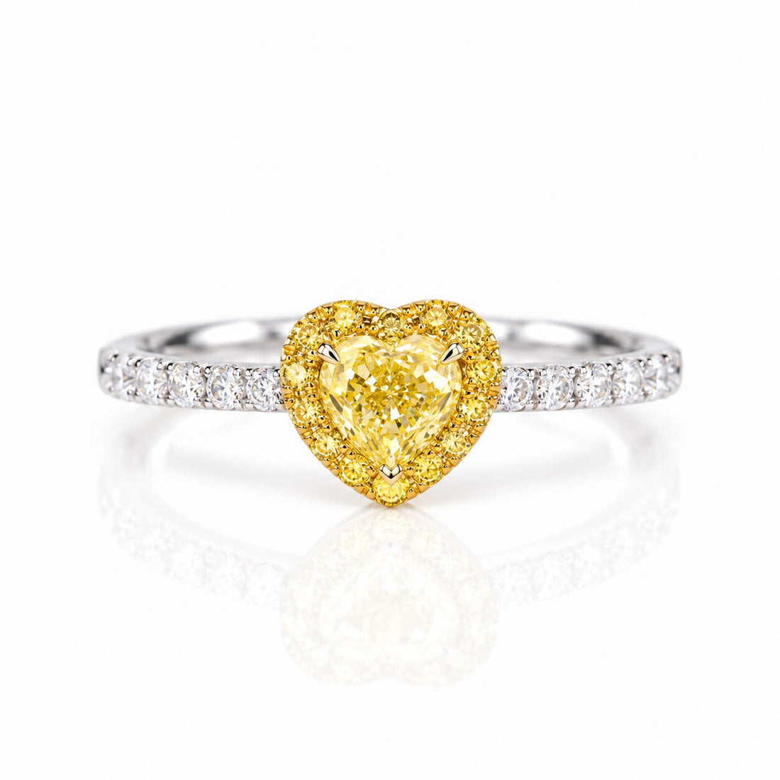 Halo setting heart cut lab grown yellow diamond engagement ring