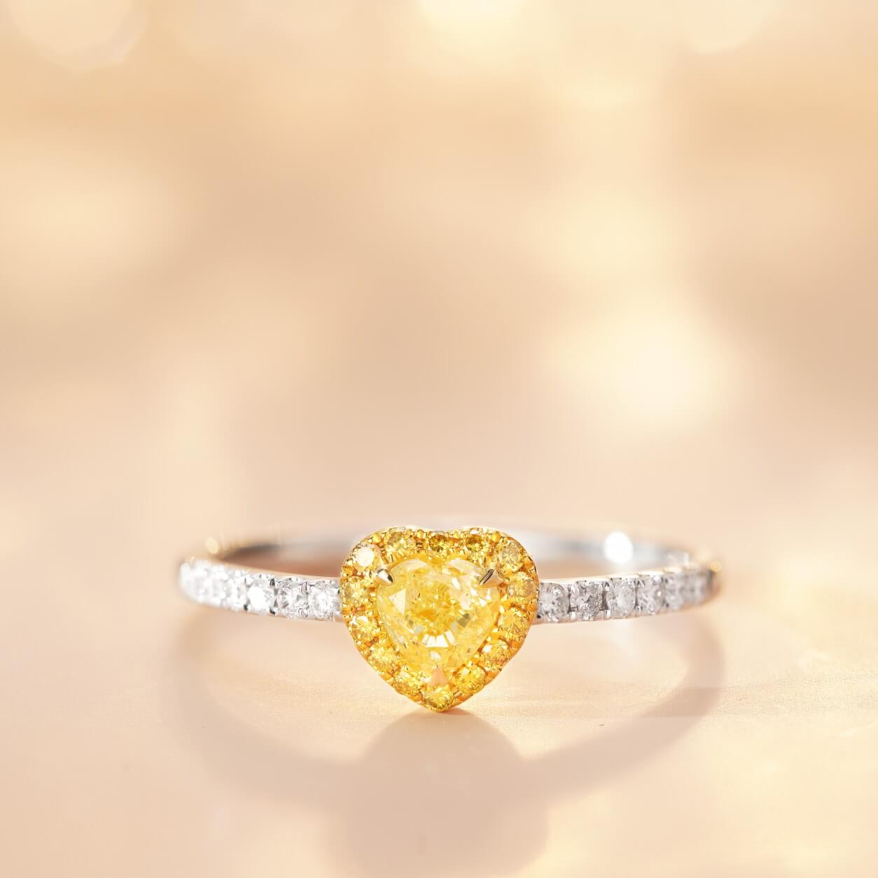 Halo setting heart cut lab grown yellow diamond engagement ring