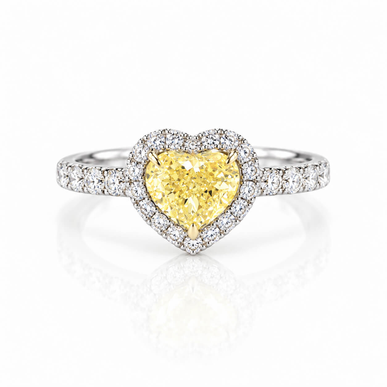 Halo setting heart cut lab grown yellow diamond engagement ring