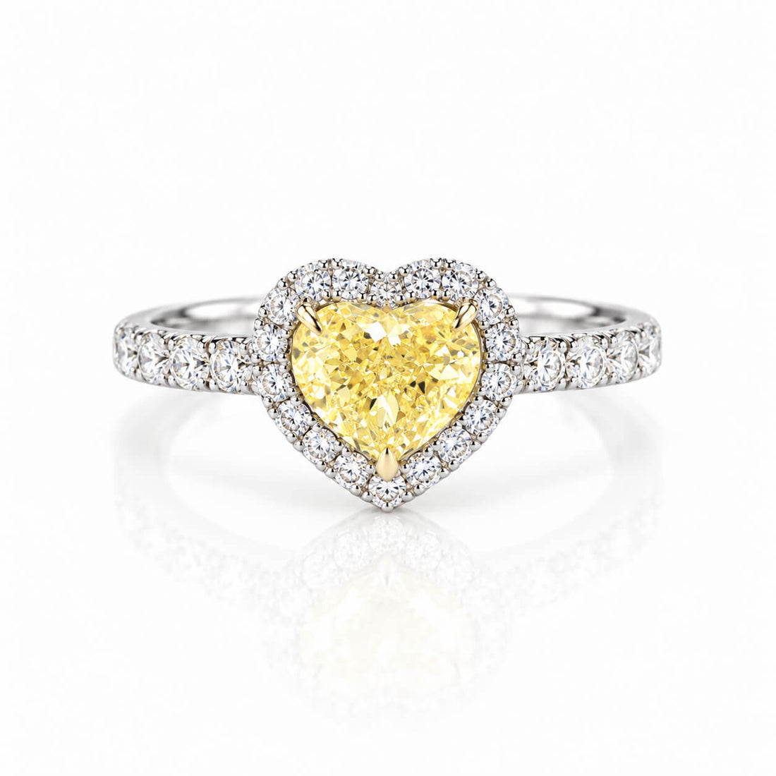 Halo setting heart cut lab grown yellow diamond engagement ring