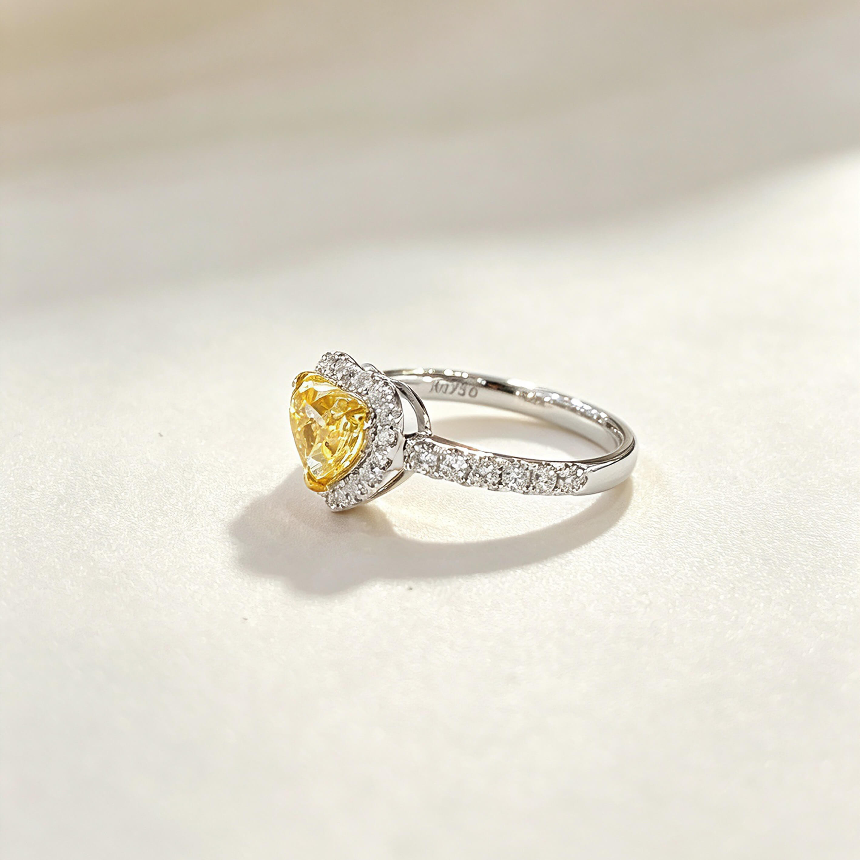 Halo setting heart cut lab grown yellow diamond engagement ring