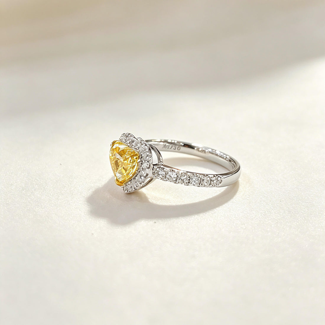 Halo setting heart cut lab grown yellow diamond engagement ring