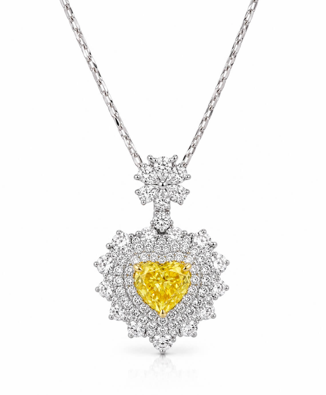 Halo setting heart cut lab grown yellow diamond necklace