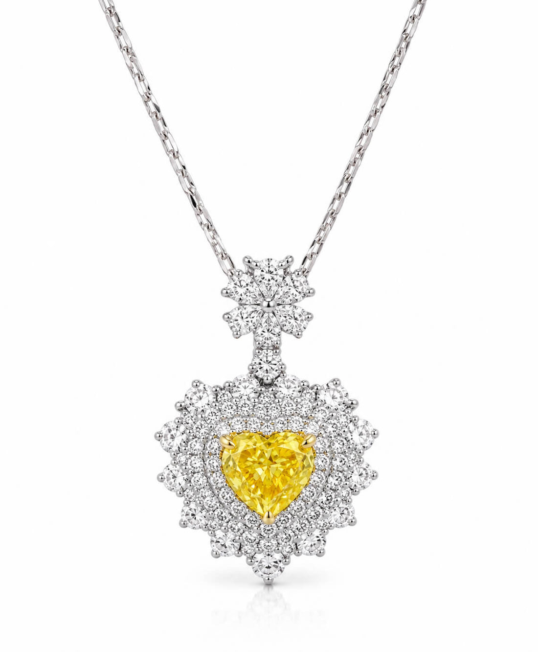 Halo setting heart cut lab grown yellow diamond necklace
