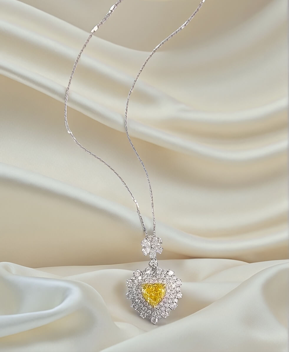 Halo setting heart cut lab grown yellow diamond necklace