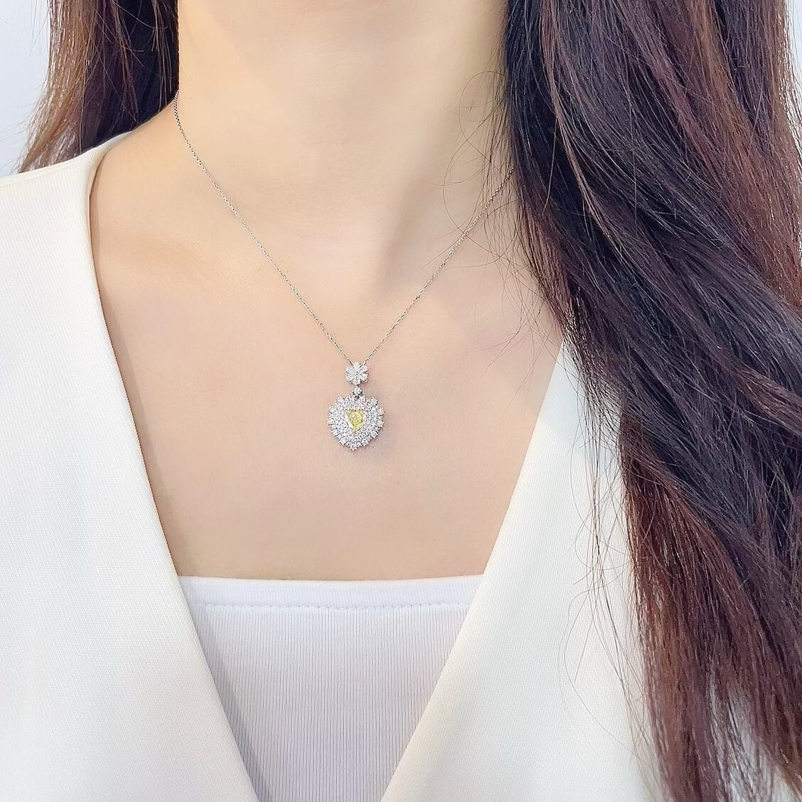 Halo setting heart cut lab grown yellow diamond necklace