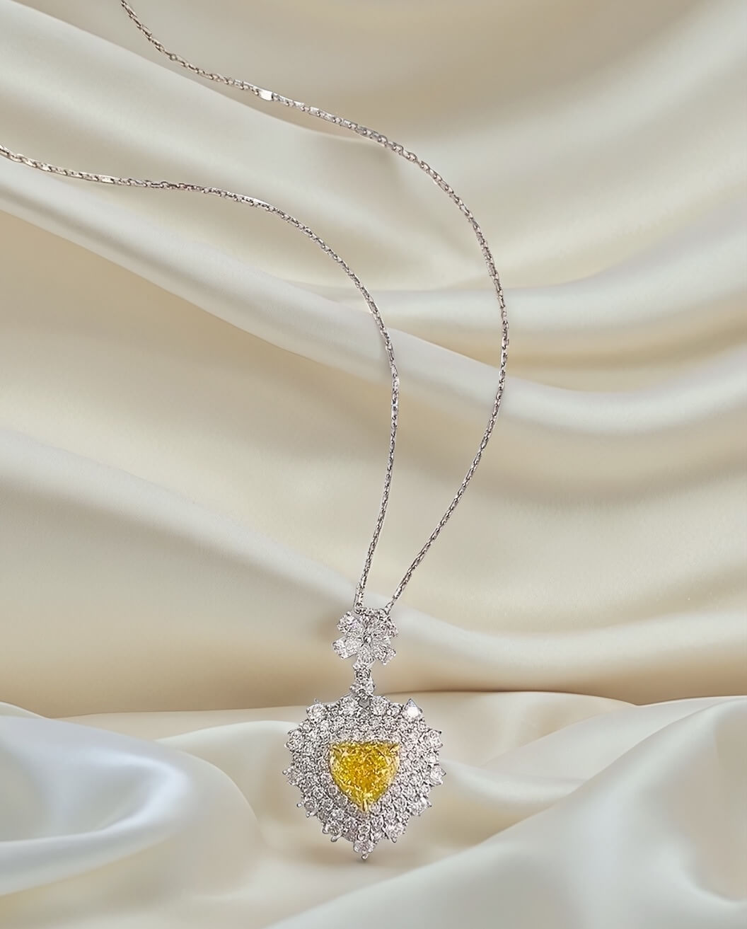 Halo setting heart cut lab grown yellow diamond necklace