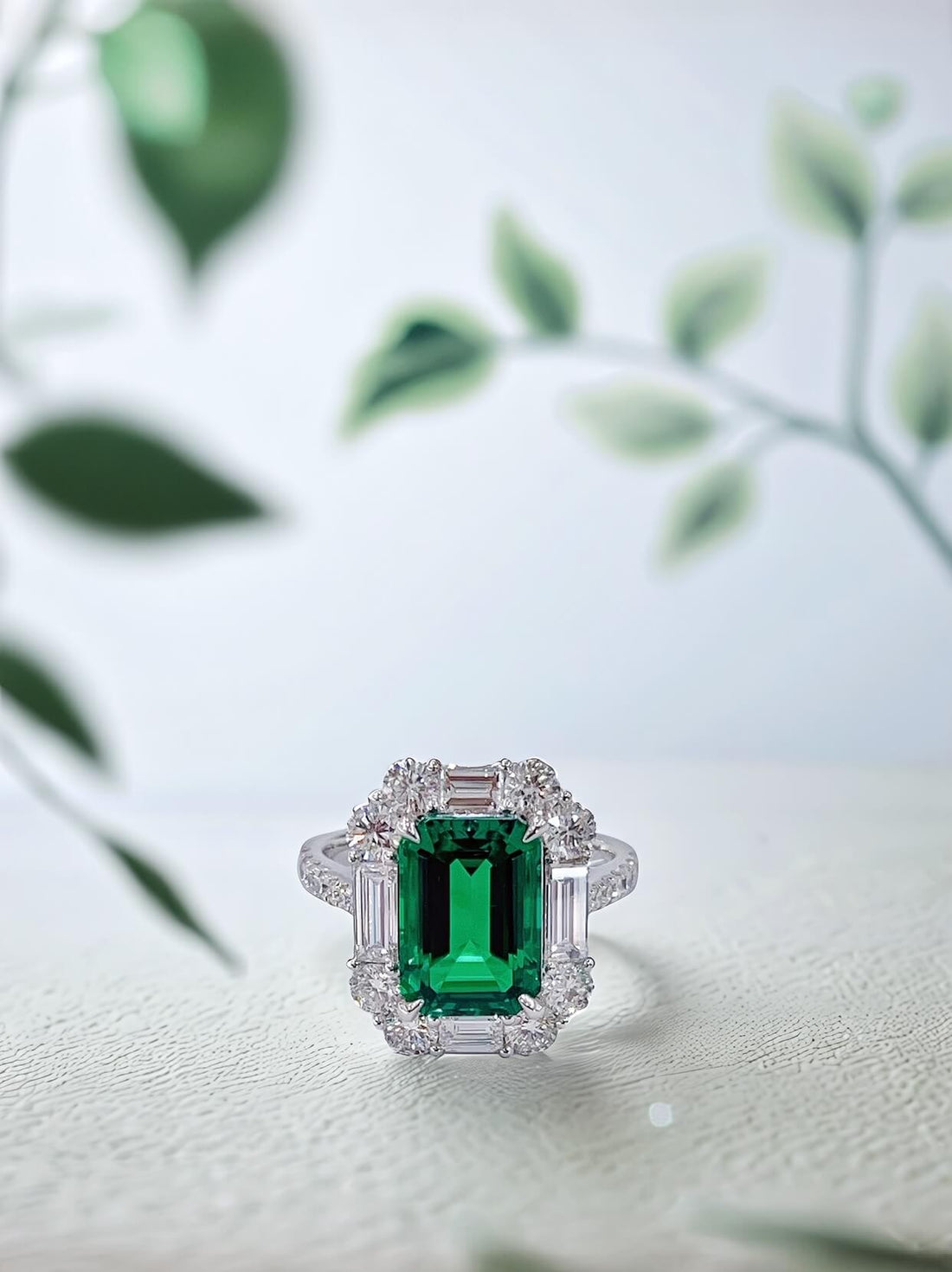 Halo setting lab grown emerald engagement ring