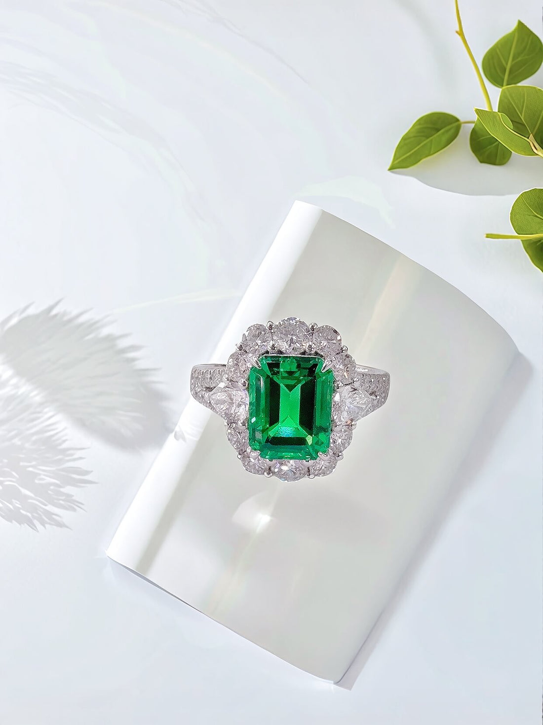 Halo setting lab grown emerald engagement ring