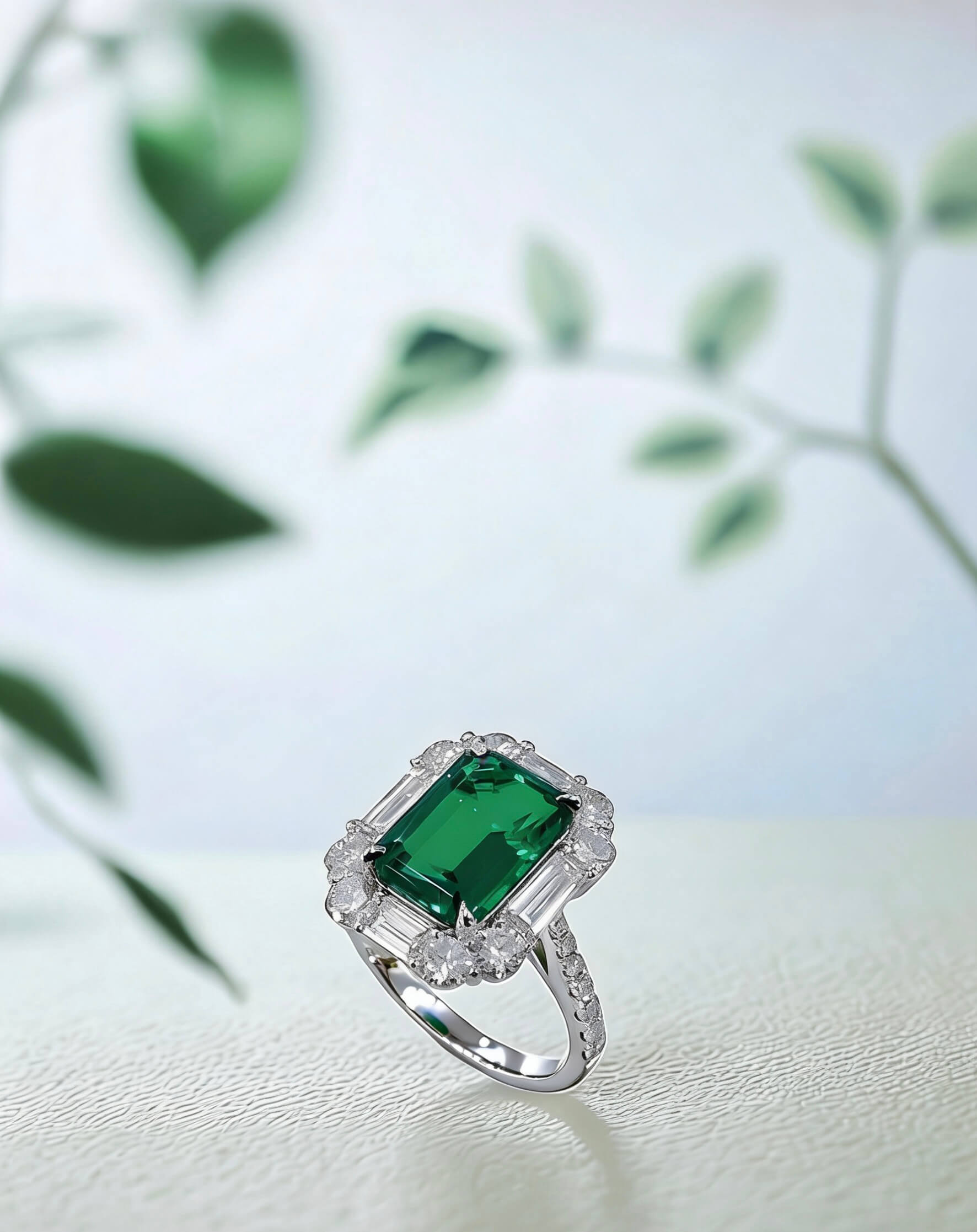 Halo setting lab grown emerald engagement ring