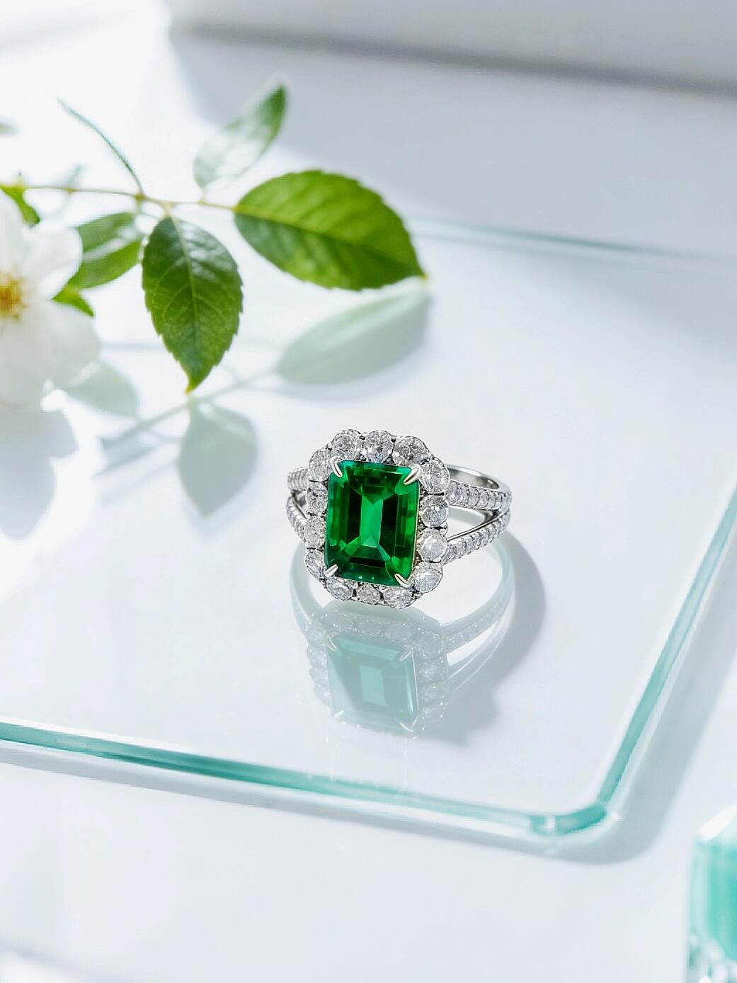 Halo setting lab grown emerald engagement ring