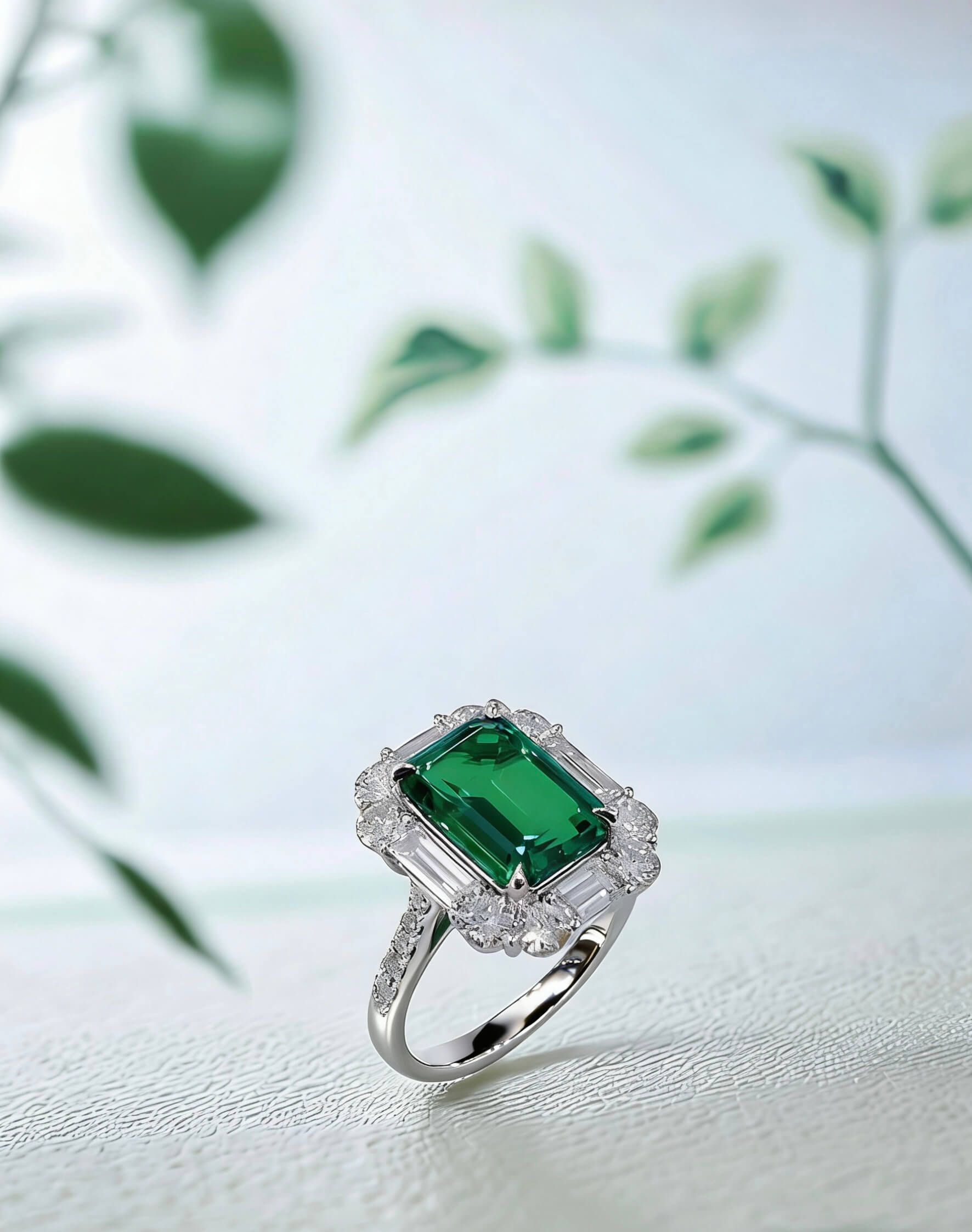 Halo setting lab grown emerald engagement ring