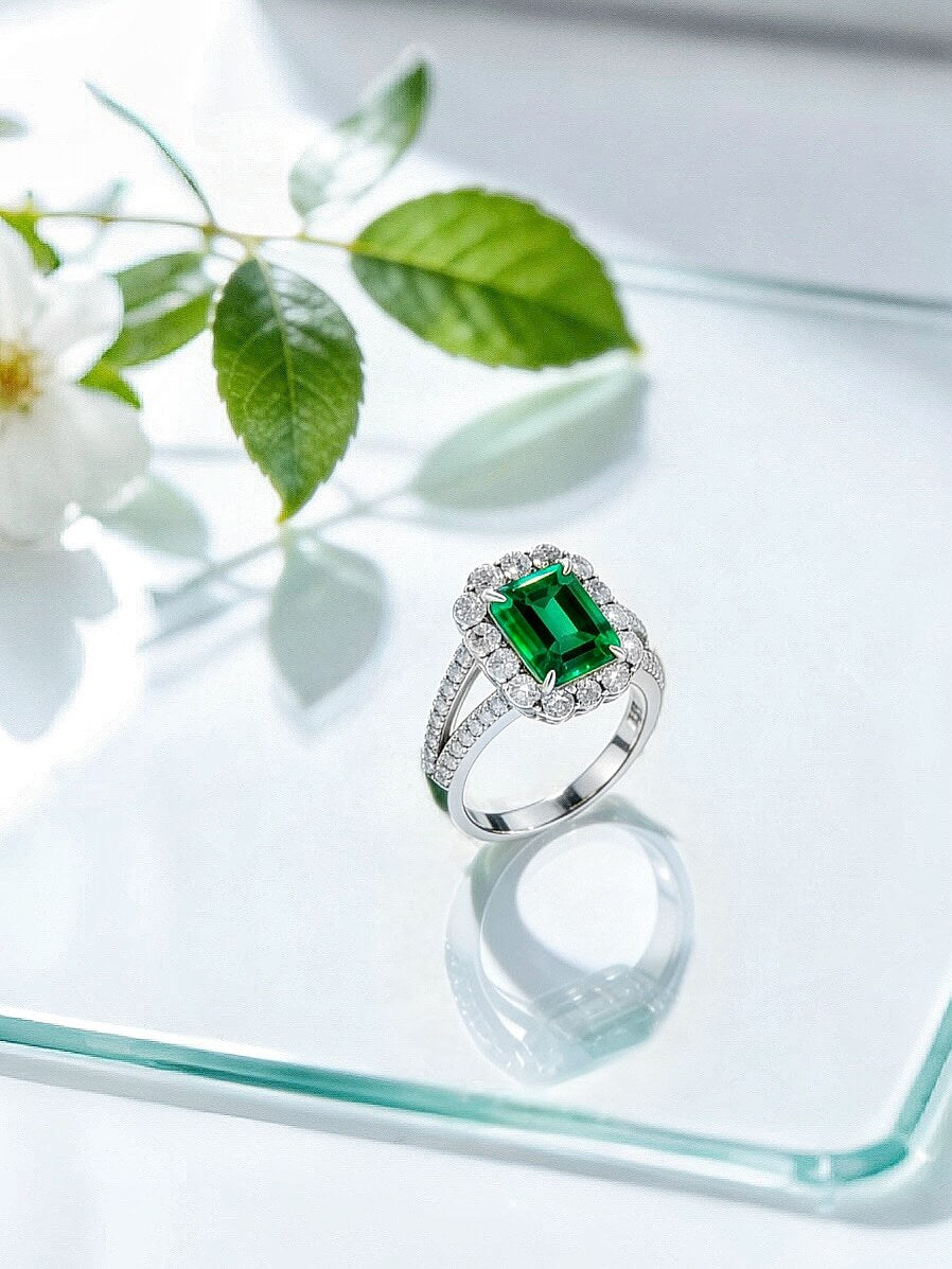Halo setting lab grown emerald engagement ring