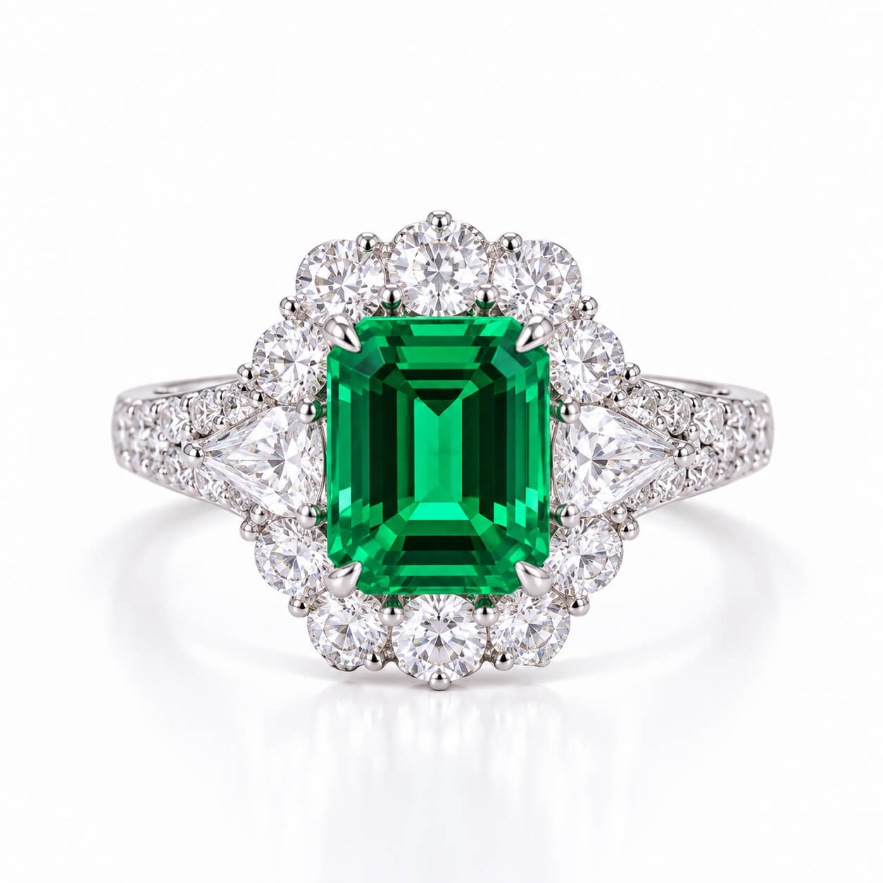 Halo setting lab grown emerald engagement ring