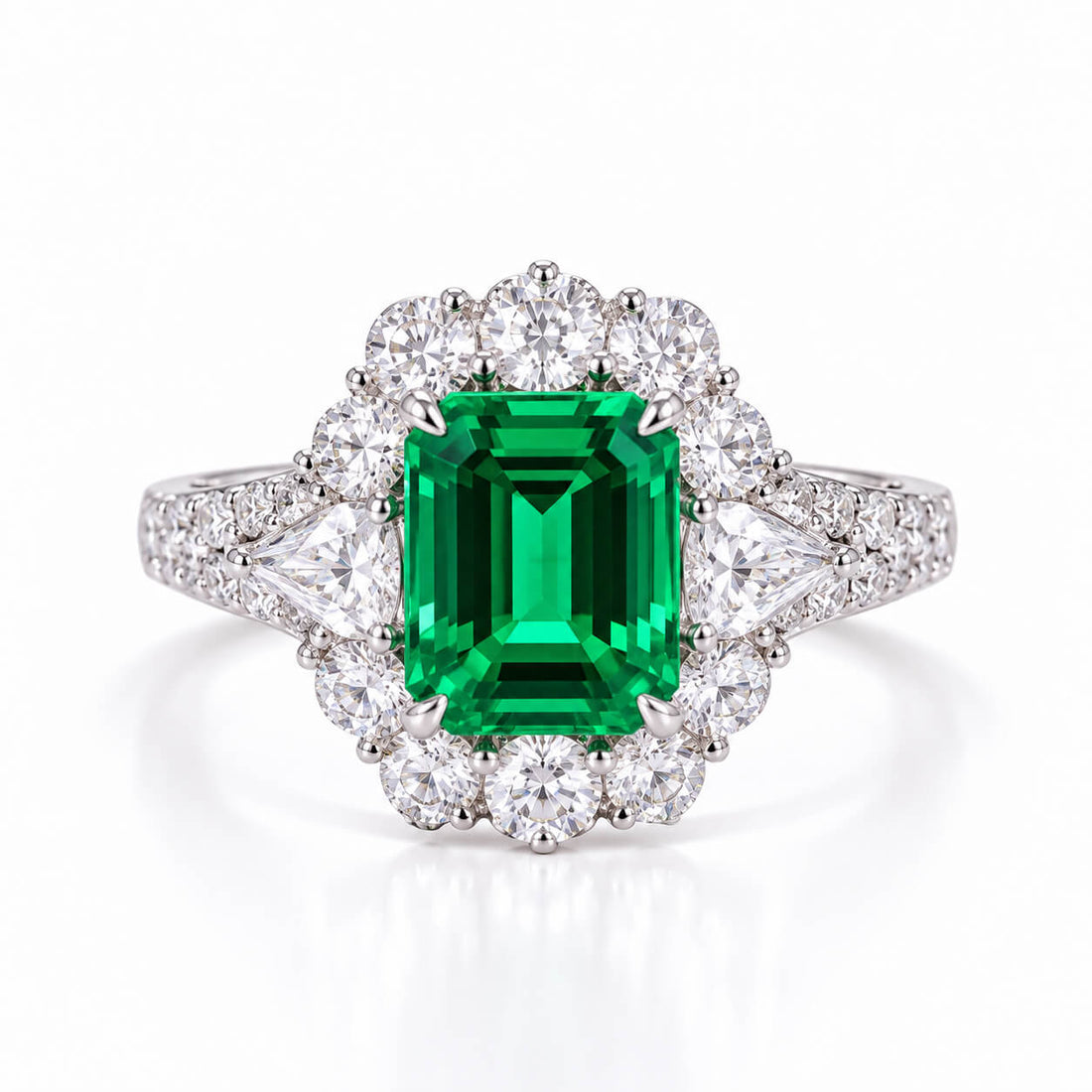 Halo setting lab grown emerald engagement ring