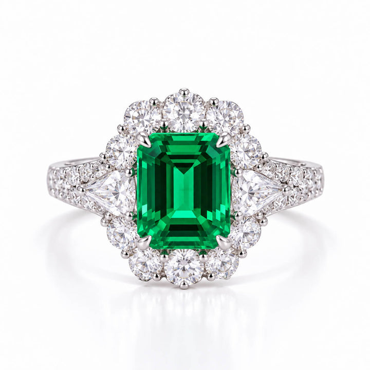 Halo setting lab grown emerald engagement ring