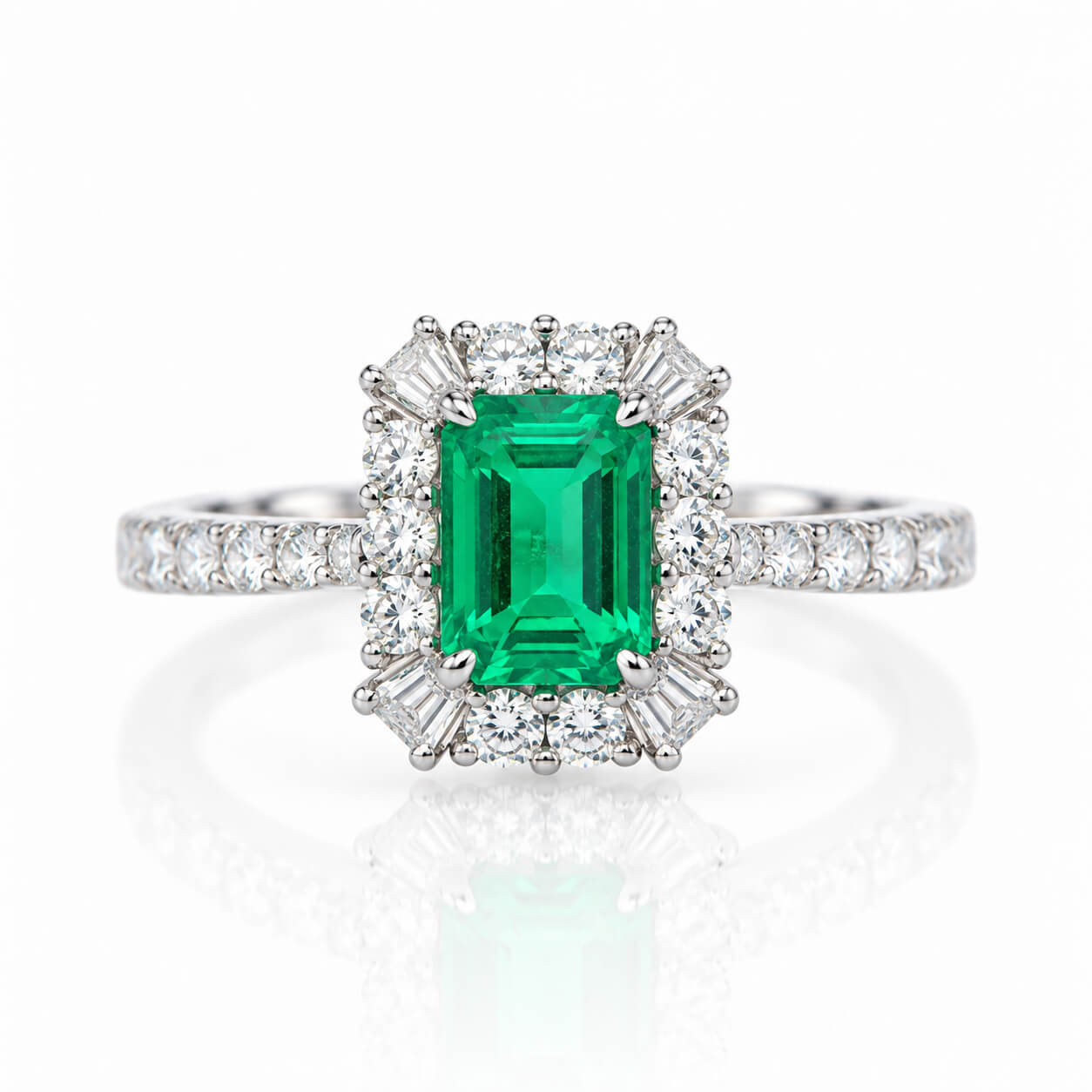 Halo setting lab grown emerald engagement ring
