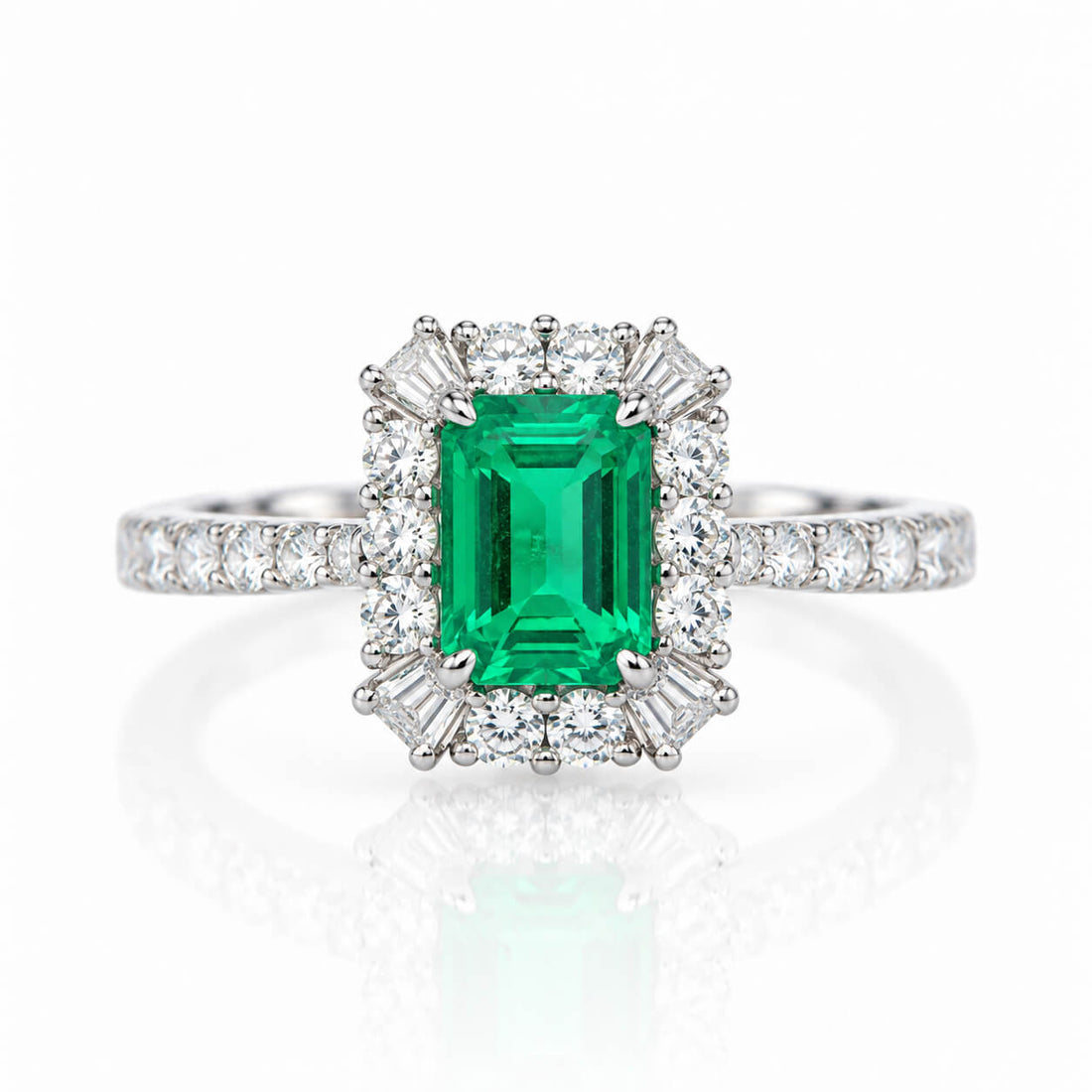 Halo setting lab grown emerald engagement ring