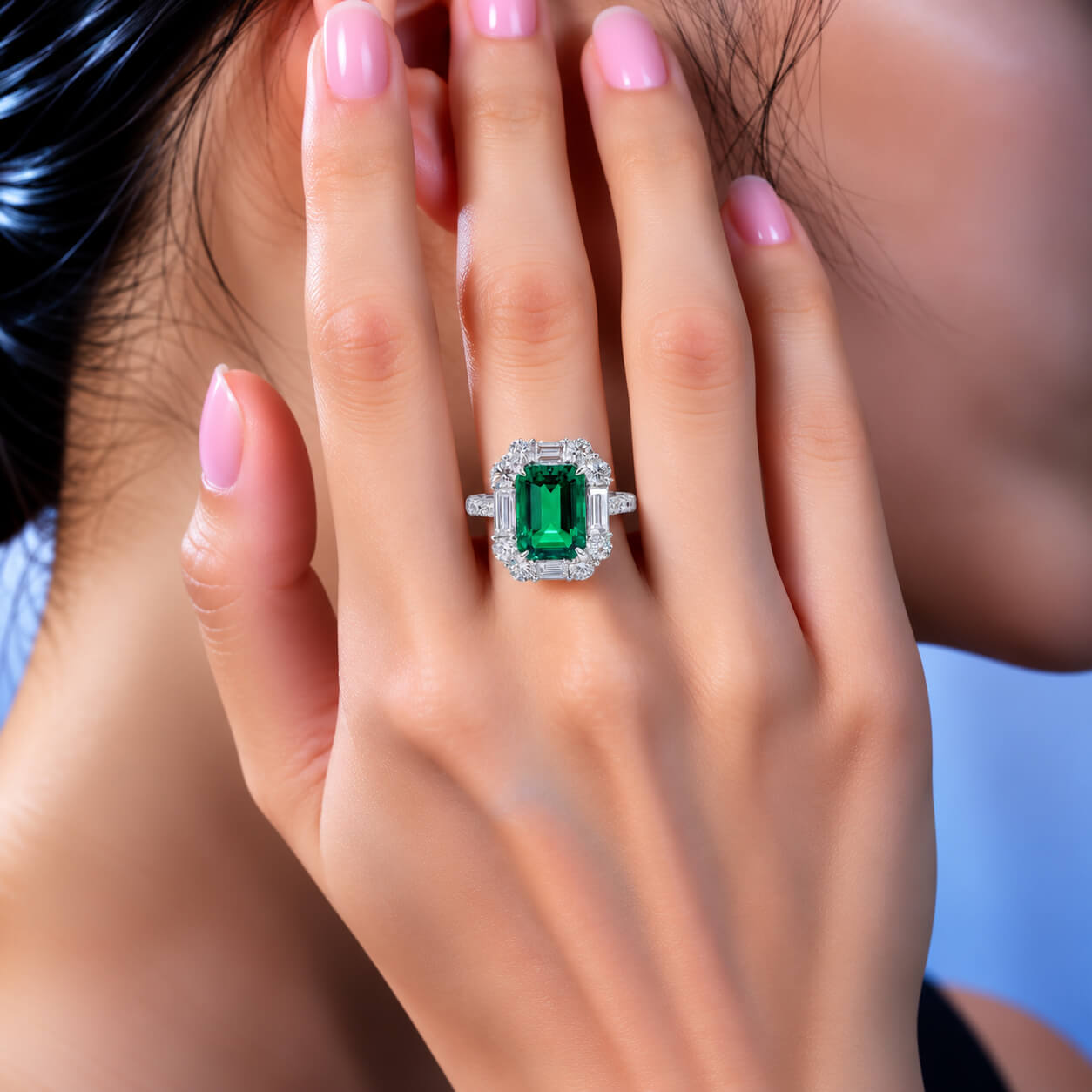 Halo setting lab grown emerald engagement ring