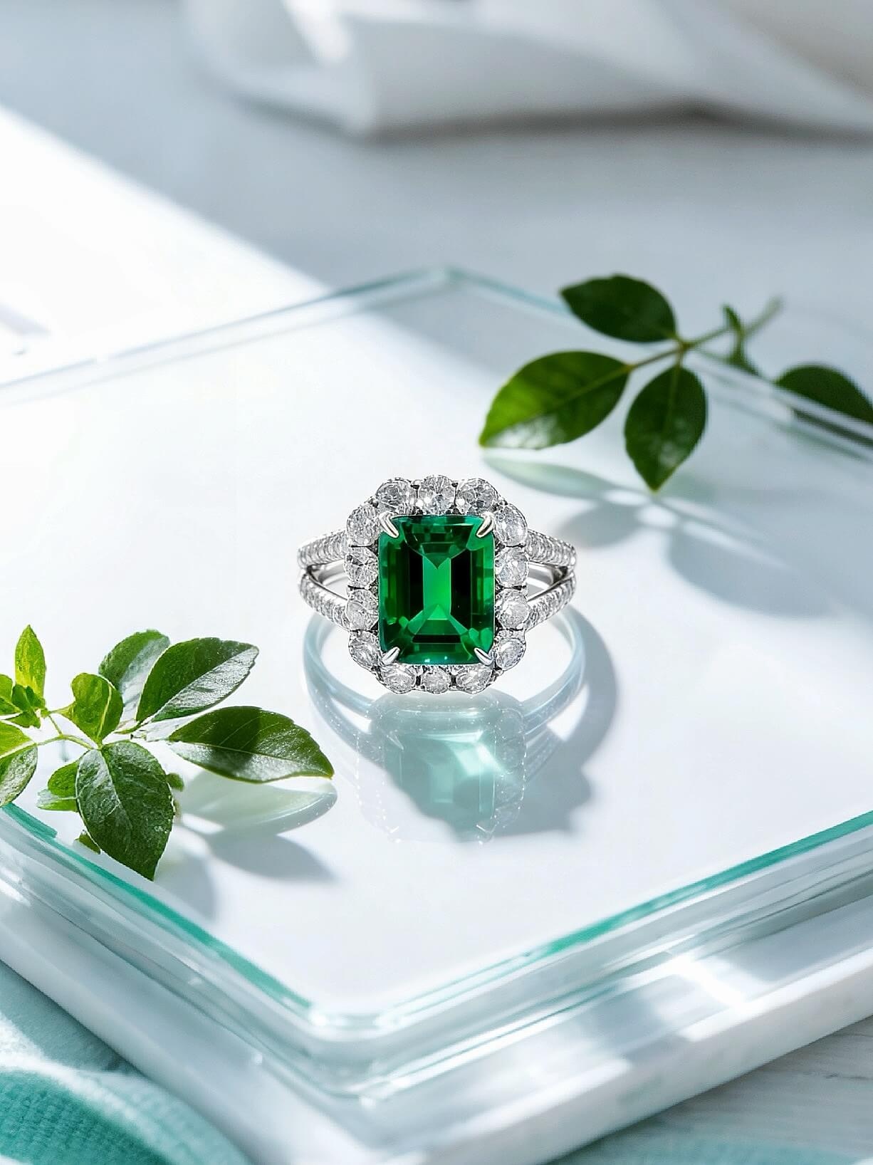 Halo setting lab grown emerald engagement ring