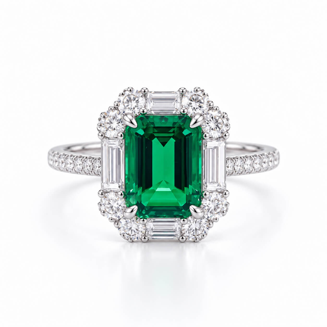 Halo setting lab grown emerald engagement ring
